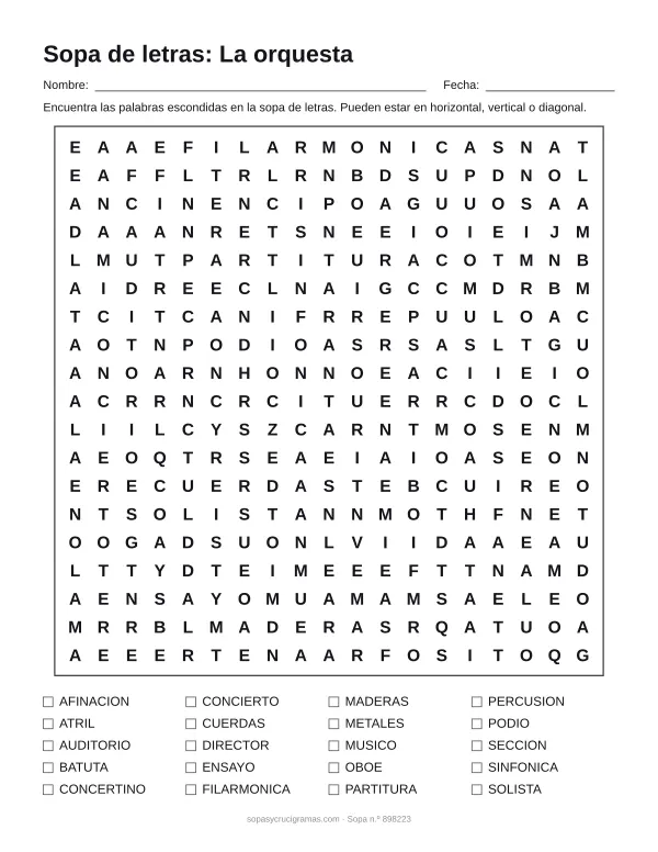 Hoja para imprimir de la sopa de letras de la orquesta: cuadrícula de 19 × 19 letras con 20 palabras escondidas, renglones para nombre y fecha y la lista de palabras para tachar.