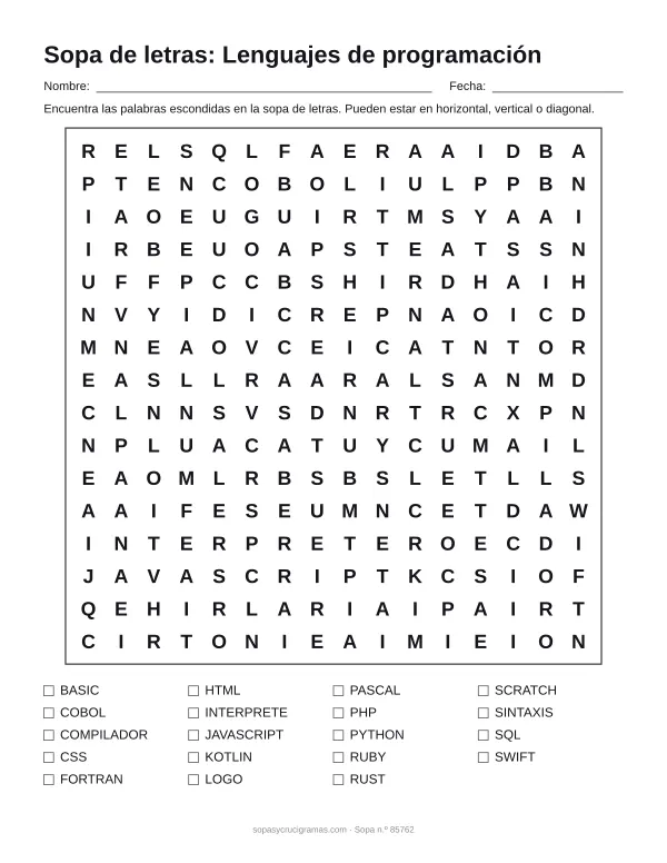 Hoja para imprimir de la sopa de letras de lenguajes de programación: cuadrícula de 16 × 16 letras con 19 palabras escondidas, renglones para nombre y fecha y la lista de palabras para tachar.