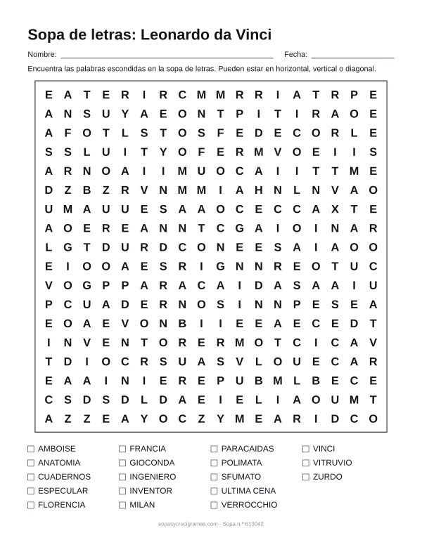 Hoja para imprimir de la sopa de letras de Leonardo da Vinci: cuadrícula de 18 × 18 letras con 18 palabras escondidas, renglones para nombre y fecha y la lista de palabras para tachar.