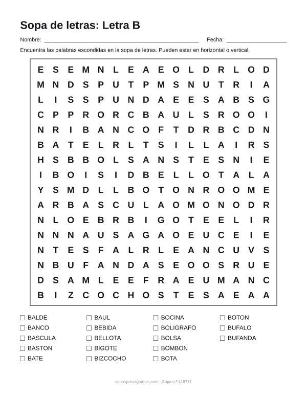 Hoja para imprimir de la sopa de letras de la letra B: cuadrícula de 16 × 16 letras con 18 palabras escondidas, renglones para nombre y fecha y la lista de palabras para tachar.
