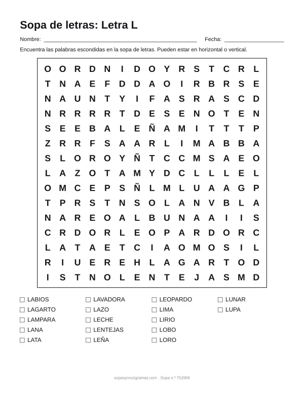 Hoja para imprimir de la sopa de letras de la letra L: cuadrícula de 15 × 15 letras con 17 palabras escondidas, renglones para nombre y fecha y la lista de palabras para tachar.