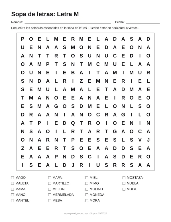 Hoja para imprimir de la sopa de letras de la letra M: cuadrícula de 16 × 16 letras con 18 palabras escondidas, renglones para nombre y fecha y la lista de palabras para tachar.