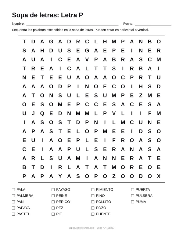 Hoja para imprimir de la sopa de letras de la letra P: cuadrícula de 16 × 16 letras con 18 palabras escondidas, renglones para nombre y fecha y la lista de palabras para tachar.