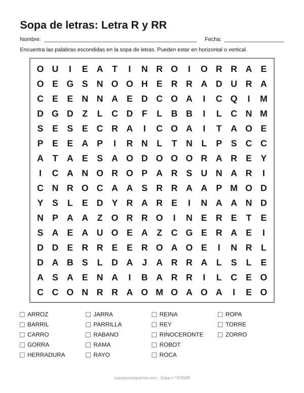 Hoja para imprimir de la sopa de letras de la letra R y la RR: cuadrícula de 16 × 16 letras con 18 palabras escondidas, renglones para nombre y fecha y la lista de palabras para tachar.