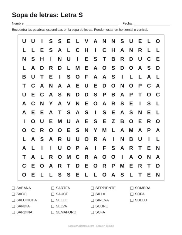 Hoja para imprimir de la sopa de letras de la letra S: cuadrícula de 16 × 16 letras con 18 palabras escondidas, renglones para nombre y fecha y la lista de palabras para tachar.