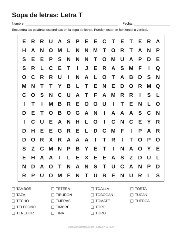 Hoja para imprimir de la sopa de letras de la letra T: cuadrícula de 16 × 16 letras con 18 palabras escondidas, renglones para nombre y fecha y la lista de palabras para tachar.