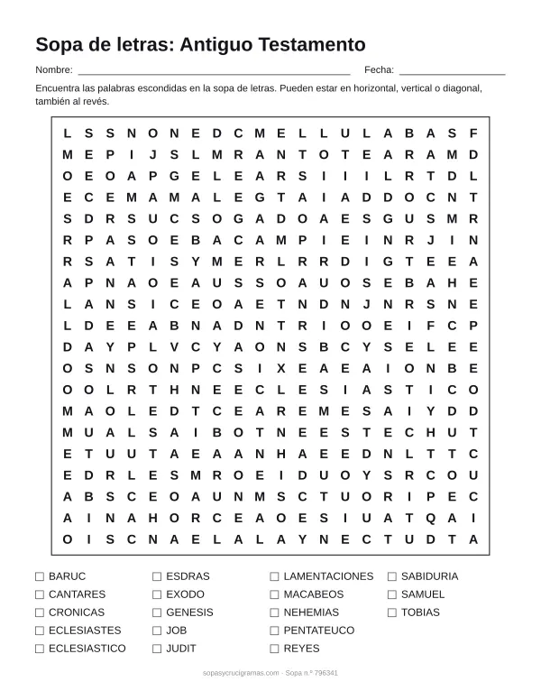 Hoja para imprimir de la sopa de letras de libros del Antiguo Testamento: cuadrícula de 20 × 20 letras con 18 palabras escondidas, renglones para nombre y fecha y la lista de palabras para tachar.