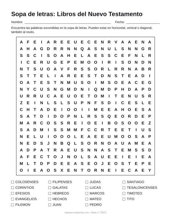 Hoja para imprimir de la sopa de letras de los libros del Nuevo Testamento: cuadrícula de 20 × 20 letras con 19 palabras escondidas, renglones para nombre y fecha y la lista de palabras para tachar.
