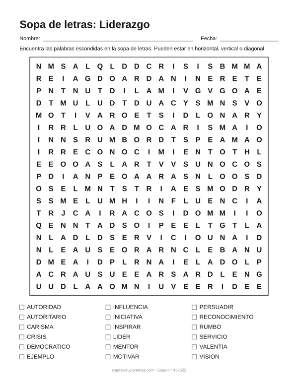 Hoja para imprimir de la sopa de letras del liderazgo: cuadrícula de 19 × 19 letras con 18 palabras escondidas, renglones para nombre y fecha y la lista de palabras para tachar.