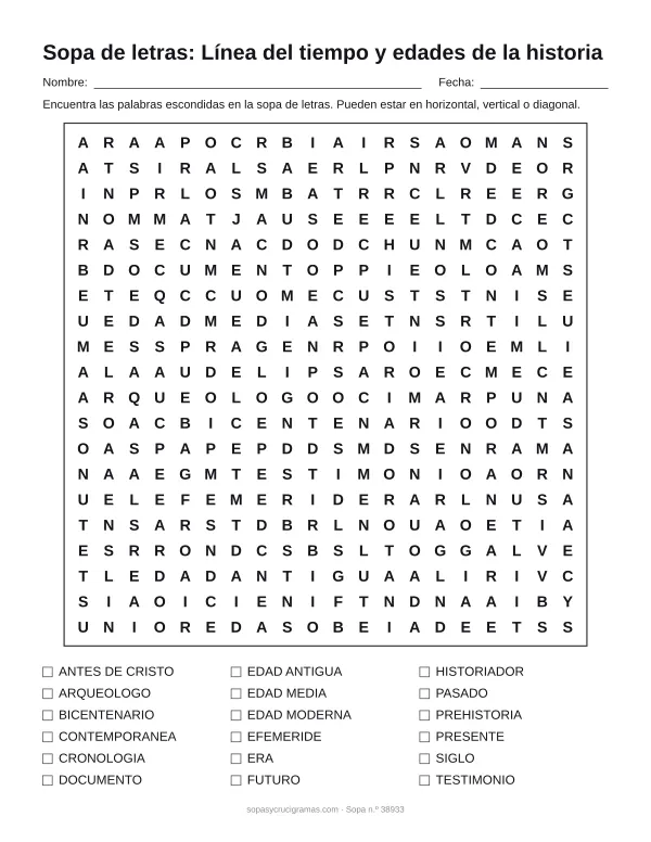 Hoja para imprimir de la sopa de letras de la línea del tiempo: cuadrícula de 20 × 20 letras con 18 palabras escondidas, renglones para nombre y fecha y la lista de palabras para tachar.