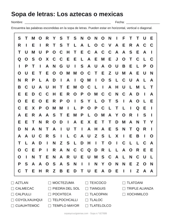 Hoja para imprimir de la sopa de letras de los aztecas: cuadrícula de 20 × 20 letras con 18 palabras escondidas, renglones para nombre y fecha y la lista de palabras para tachar.