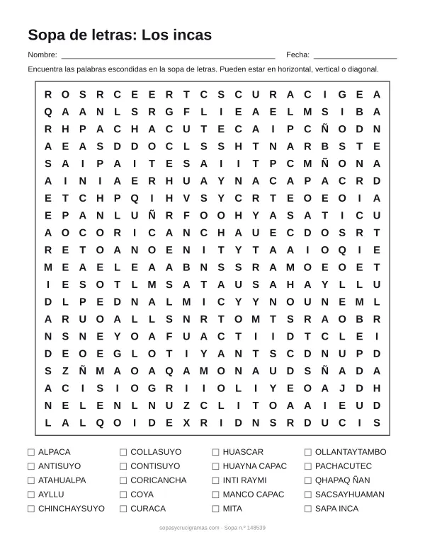 Hoja para imprimir de la sopa de letras de los incas: cuadrícula de 20 × 20 letras con 20 palabras escondidas, renglones para nombre y fecha y la lista de palabras para tachar.