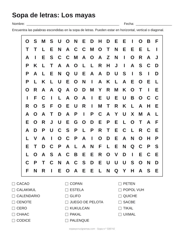 Hoja para imprimir de la sopa de letras de los mayas: cuadrícula de 17 × 17 letras con 20 palabras escondidas, renglones para nombre y fecha y la lista de palabras para tachar.
