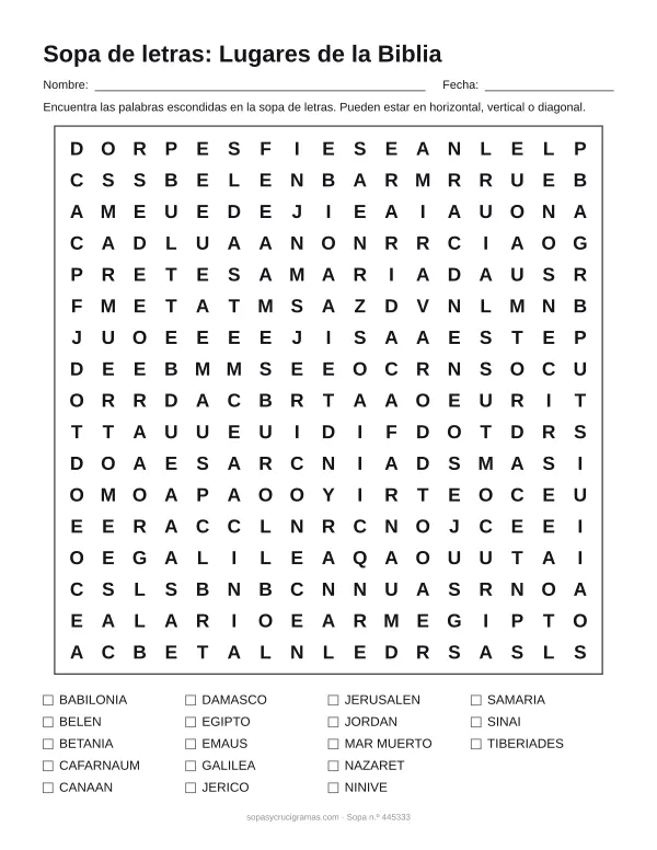 Hoja para imprimir de la sopa de letras de lugares de la Biblia: cuadrícula de 17 × 17 letras con 18 palabras escondidas, renglones para nombre y fecha y la lista de palabras para tachar.