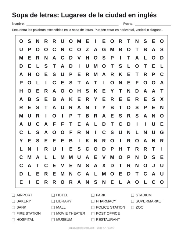 Hoja para imprimir de la sopa de letras de la ciudad en inglés: cuadrícula de 18 × 18 letras con 18 palabras escondidas, renglones para nombre y fecha y la lista de palabras para tachar.