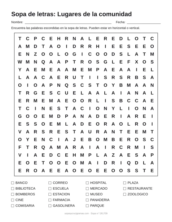 Hoja para imprimir de la sopa de letras de los lugares de la comunidad: cuadrícula de 18 × 18 letras con 18 palabras escondidas, renglones para nombre y fecha y la lista de palabras para tachar.