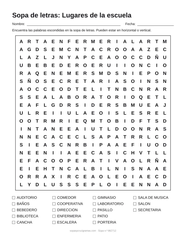 Hoja para imprimir de la sopa de letras de los lugares de la escuela: cuadrícula de 19 × 19 letras con 18 palabras escondidas, renglones para nombre y fecha y la lista de palabras para tachar.