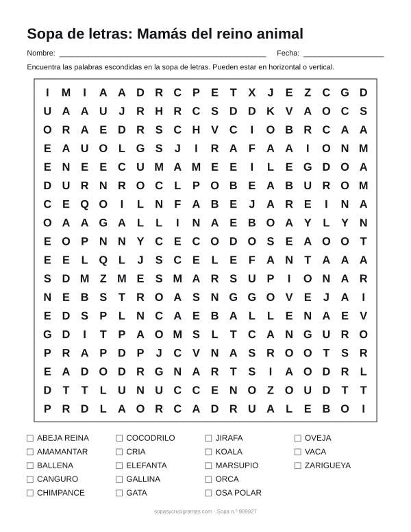 Hoja para imprimir de la sopa de letras de mamás del reino animal: cuadrícula de 18 × 18 letras con 18 palabras escondidas, renglones para nombre y fecha y la lista de palabras para tachar.
