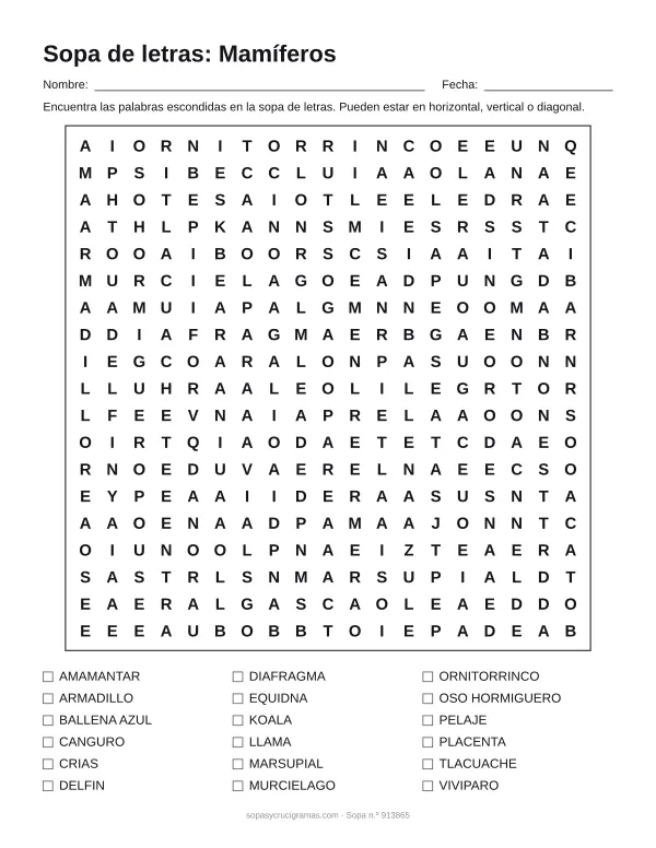 Hoja para imprimir de la sopa de letras de los mamíferos: cuadrícula de 19 × 19 letras con 18 palabras escondidas, renglones para nombre y fecha y la lista de palabras para tachar.