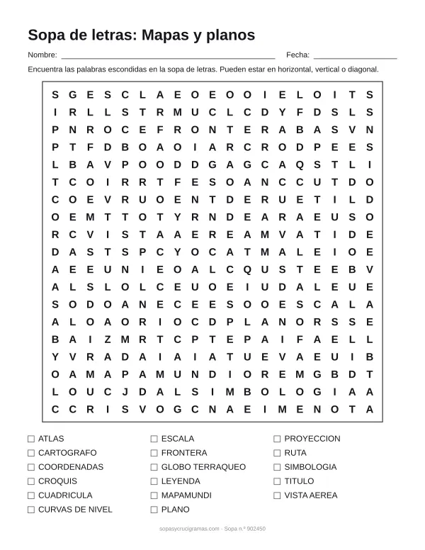 Hoja para imprimir de la sopa de letras de mapas y planos: cuadrícula de 19 × 19 letras con 17 palabras escondidas, renglones para nombre y fecha y la lista de palabras para tachar.