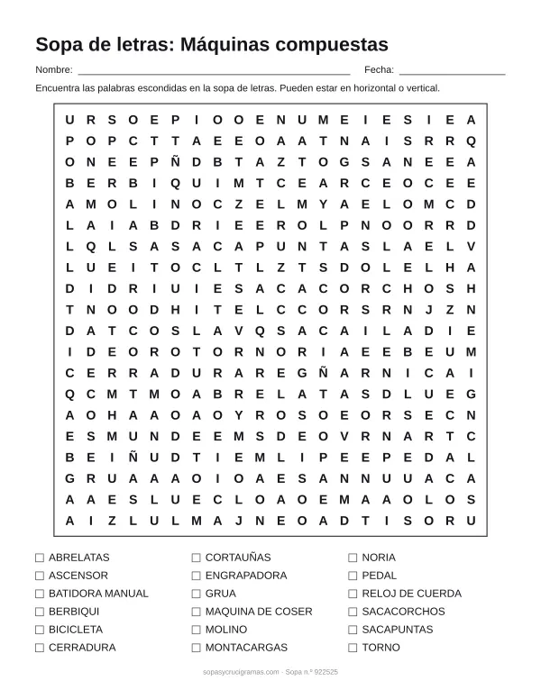 Hoja para imprimir de la sopa de letras de máquinas compuestas: cuadrícula de 20 × 20 letras con 18 palabras escondidas, renglones para nombre y fecha y la lista de palabras para tachar.