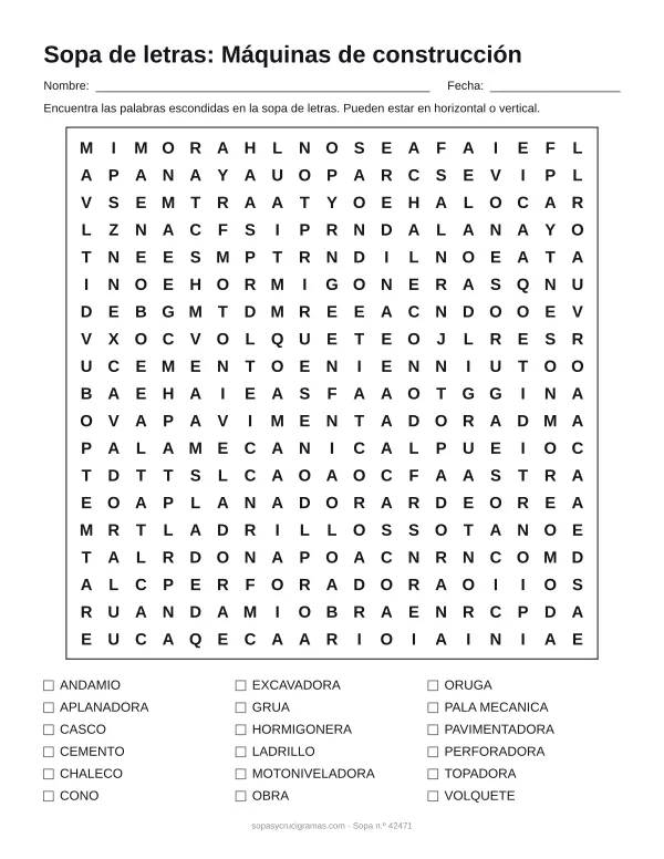 Hoja para imprimir de la sopa de letras de máquinas de construcción: cuadrícula de 19 × 19 letras con 18 palabras escondidas, renglones para nombre y fecha y la lista de palabras para tachar.