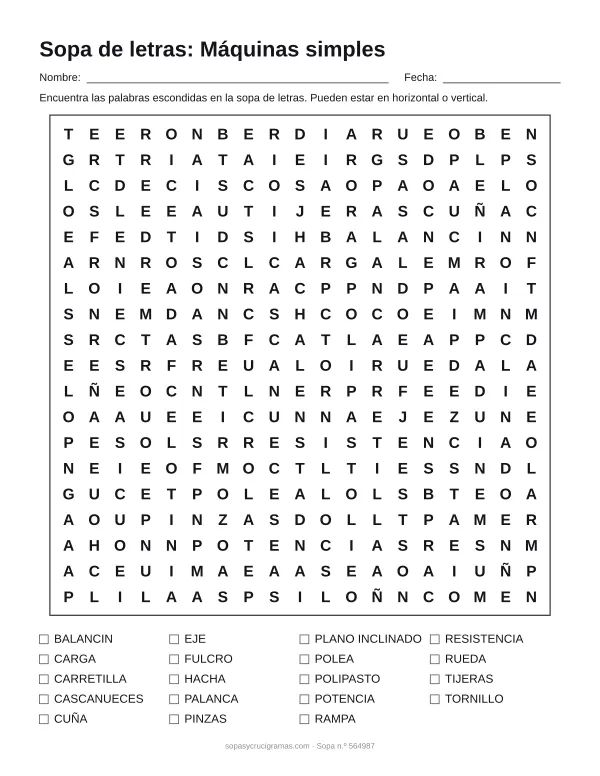 Hoja para imprimir de la sopa de letras de máquinas simples: cuadrícula de 19 × 19 letras con 19 palabras escondidas, renglones para nombre y fecha y la lista de palabras para tachar.
