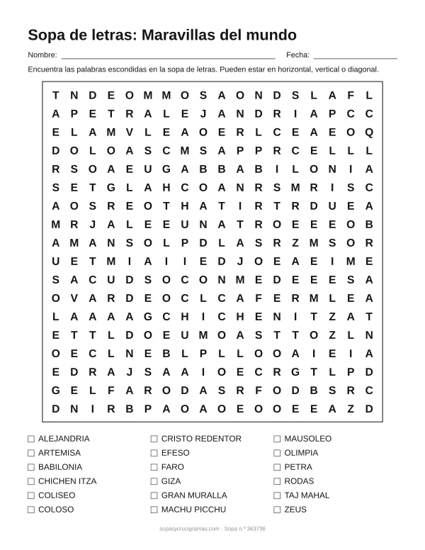 Hoja para imprimir de la sopa de letras de las maravillas del mundo: cuadrícula de 18 × 18 letras con 18 palabras escondidas, renglones para nombre y fecha y la lista de palabras para tachar.