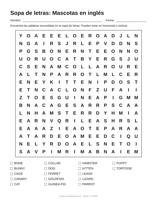 Hoja para imprimir de la sopa de letras de mascotas en inglés: cuadrícula de 16 × 16 letras con 17 palabras escondidas, renglones para nombre y fecha y la lista de palabras para tachar.