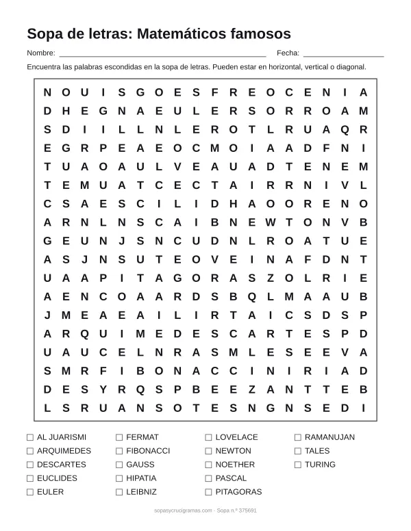 Hoja para imprimir de la sopa de letras de matemáticos famosos: cuadrícula de 18 × 18 letras con 18 palabras escondidas, renglones para nombre y fecha y la lista de palabras para tachar.