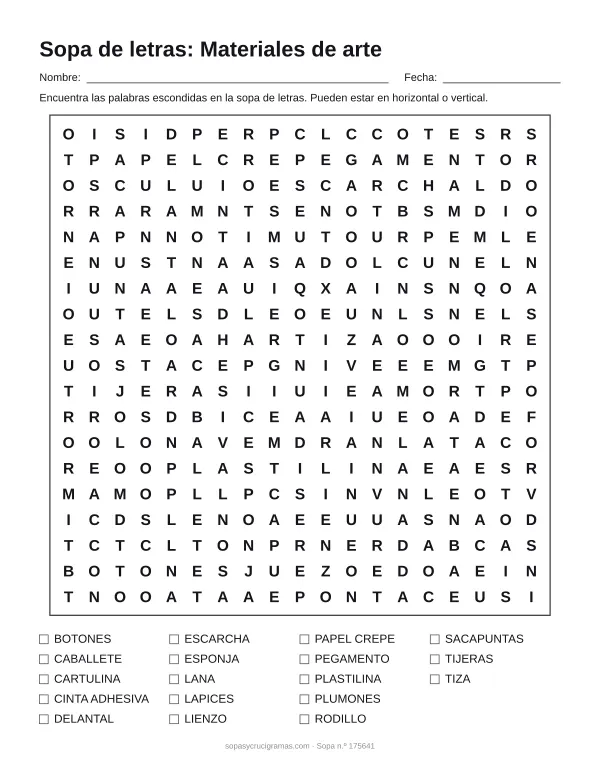 Hoja para imprimir de la sopa de letras de materiales de arte: cuadrícula de 19 × 19 letras con 18 palabras escondidas, renglones para nombre y fecha y la lista de palabras para tachar.