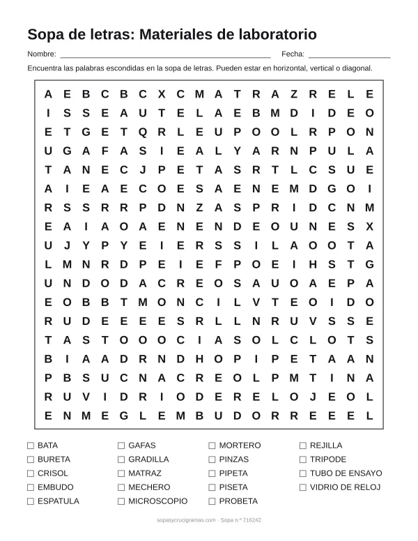 Hoja para imprimir de la sopa de letras de materiales de laboratorio: cuadrícula de 18 × 18 letras con 19 palabras escondidas, renglones para nombre y fecha y la lista de palabras para tachar.