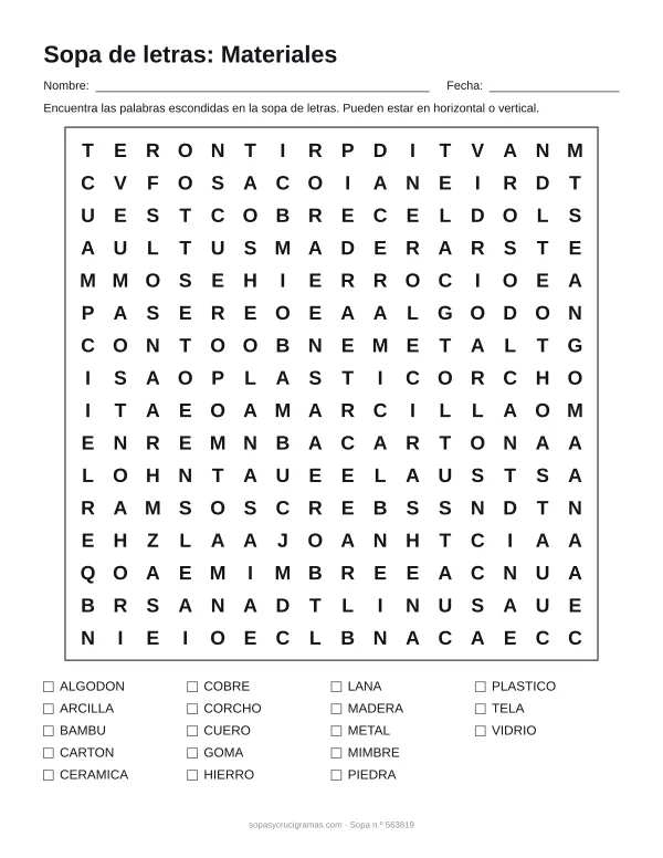 Hoja para imprimir de la sopa de letras de materiales: cuadrícula de 16 × 16 letras con 18 palabras escondidas, renglones para nombre y fecha y la lista de palabras para tachar.