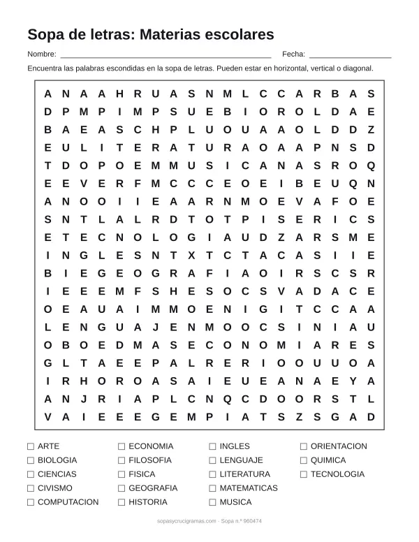 Hoja para imprimir de la sopa de letras de materias escolares: cuadrícula de 19 × 19 letras con 18 palabras escondidas, renglones para nombre y fecha y la lista de palabras para tachar.