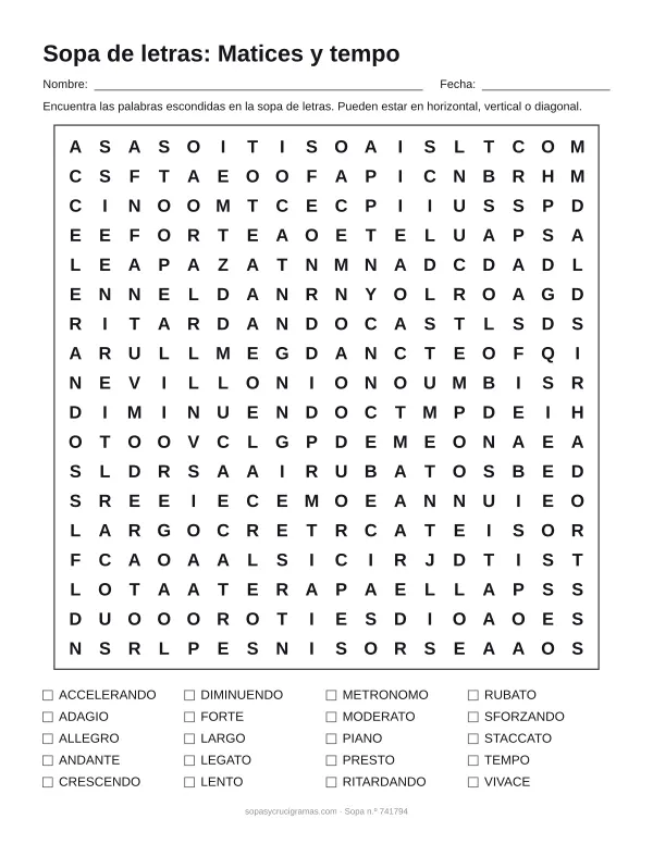 Hoja para imprimir de la sopa de letras de matices y tempo: cuadrícula de 18 × 18 letras con 20 palabras escondidas, renglones para nombre y fecha y la lista de palabras para tachar.