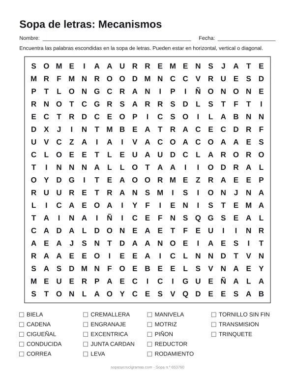 Hoja para imprimir de la sopa de letras de mecanismos y engranajes: cuadrícula de 19 × 19 letras con 18 palabras escondidas, renglones para nombre y fecha y la lista de palabras para tachar.