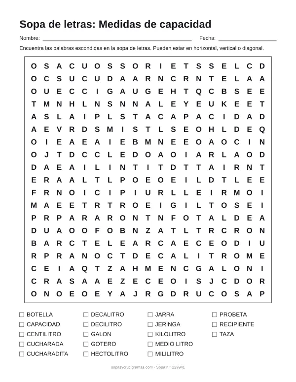 Hoja para imprimir de la sopa de letras de medidas de capacidad: cuadrícula de 19 × 19 letras con 18 palabras escondidas, renglones para nombre y fecha y la lista de palabras para tachar.