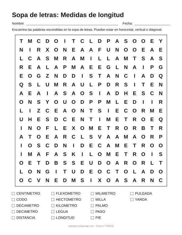 Hoja para imprimir de la sopa de letras de medidas de longitud: cuadrícula de 17 × 17 letras con 17 palabras escondidas, renglones para nombre y fecha y la lista de palabras para tachar.