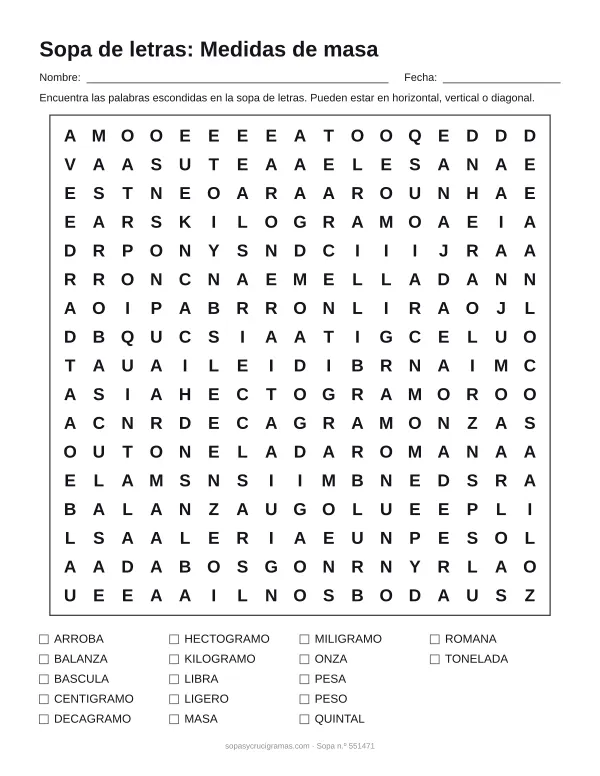Hoja para imprimir de la sopa de letras de medidas de masa: cuadrícula de 17 × 17 letras con 17 palabras escondidas, renglones para nombre y fecha y la lista de palabras para tachar.