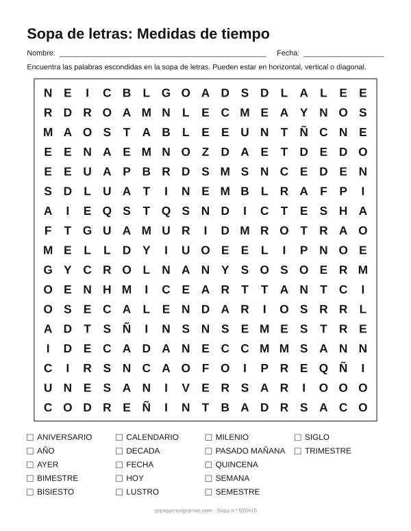 Hoja para imprimir de la sopa de letras de medidas de tiempo: cuadrícula de 17 × 17 letras con 17 palabras escondidas, renglones para nombre y fecha y la lista de palabras para tachar.