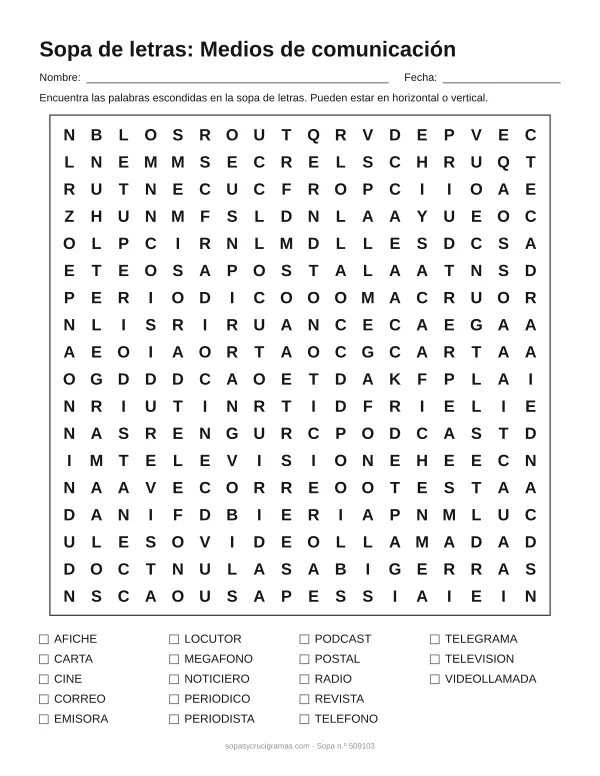 Hoja para imprimir de la sopa de letras de medios de comunicación: cuadrícula de 18 × 18 letras con 18 palabras escondidas, renglones para nombre y fecha y la lista de palabras para tachar.