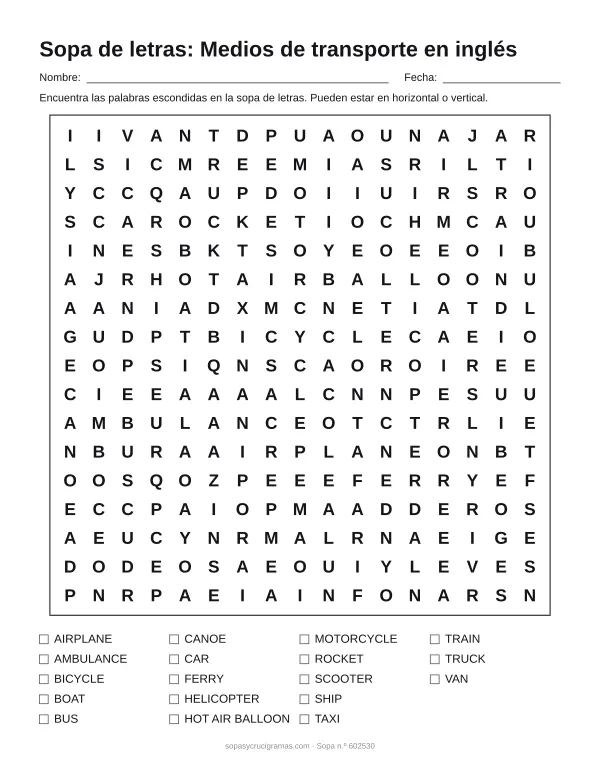 Hoja para imprimir de la sopa de letras de transportes en inglés: cuadrícula de 17 × 17 letras con 18 palabras escondidas, renglones para nombre y fecha y la lista de palabras para tachar.