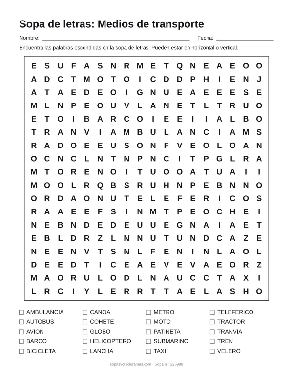 Hoja para imprimir de la sopa de letras de medios de transporte: cuadrícula de 18 × 18 letras con 20 palabras escondidas, renglones para nombre y fecha y la lista de palabras para tachar.