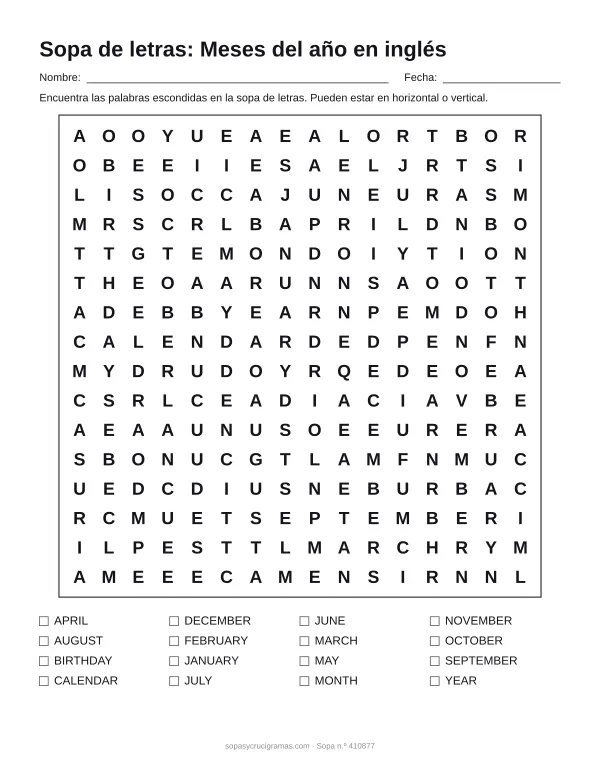 Hoja para imprimir de la sopa de letras de los meses en inglés: cuadrícula de 16 × 16 letras con 16 palabras escondidas, renglones para nombre y fecha y la lista de palabras para tachar.