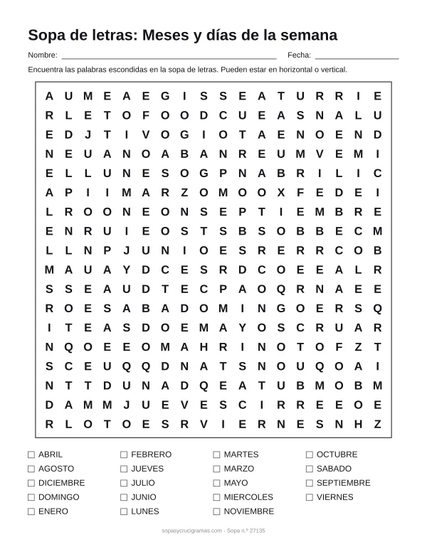 Hoja para imprimir de la sopa de letras de los meses y los días: cuadrícula de 18 × 18 letras con 19 palabras escondidas, renglones para nombre y fecha y la lista de palabras para tachar.