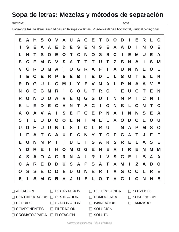 Hoja para imprimir de la sopa de letras de mezclas y su separación: cuadrícula de 20 × 20 letras con 18 palabras escondidas, renglones para nombre y fecha y la lista de palabras para tachar.