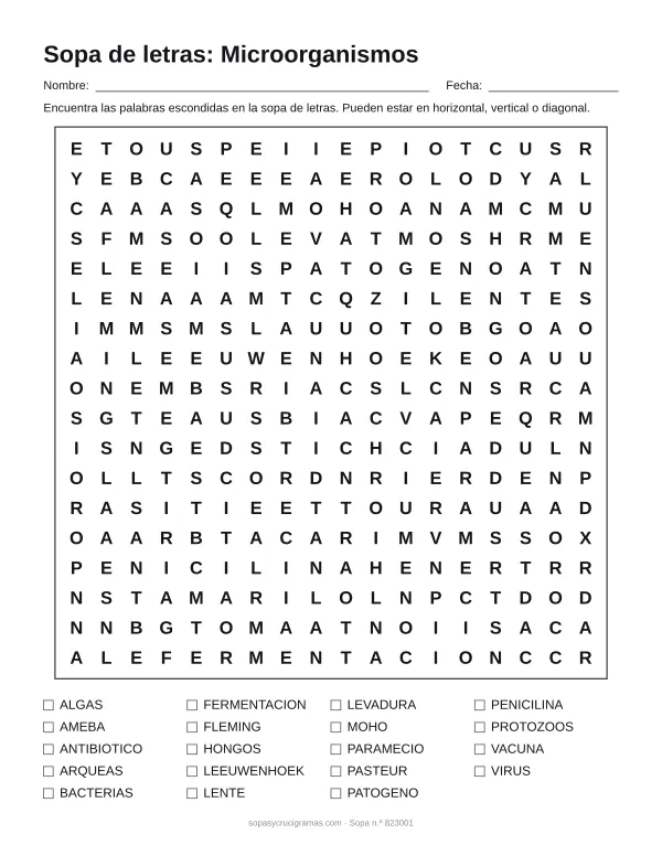 Hoja para imprimir de la sopa de letras de los microorganismos: cuadrícula de 18 × 18 letras con 19 palabras escondidas, renglones para nombre y fecha y la lista de palabras para tachar.