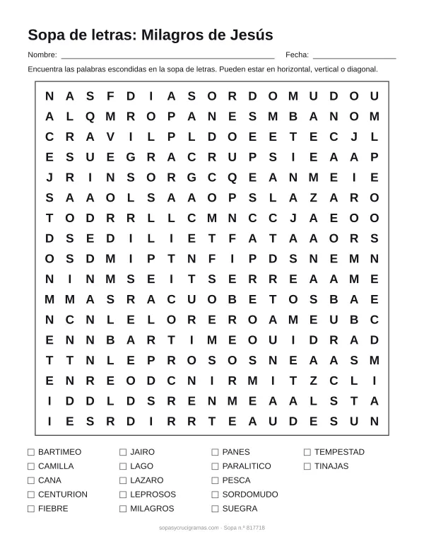 Hoja para imprimir de la sopa de letras de los milagros de Jesús: cuadrícula de 17 × 17 letras con 17 palabras escondidas, renglones para nombre y fecha y la lista de palabras para tachar.