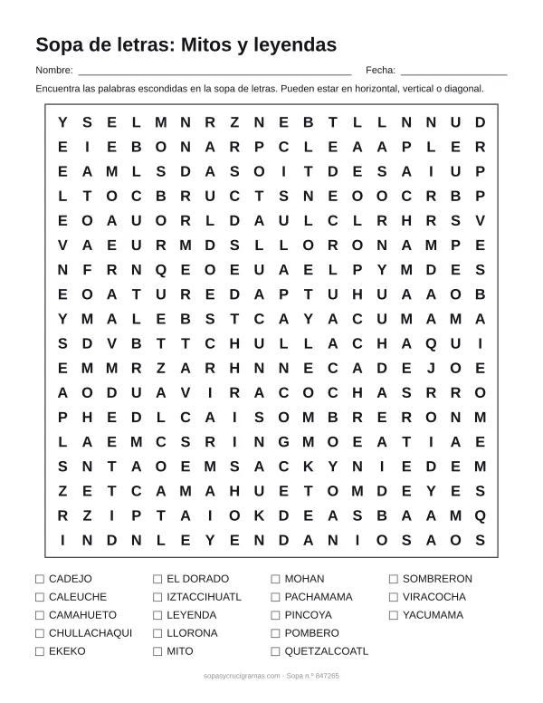 Hoja para imprimir de la sopa de letras de mitos y leyendas: cuadrícula de 18 × 18 letras con 18 palabras escondidas, renglones para nombre y fecha y la lista de palabras para tachar.