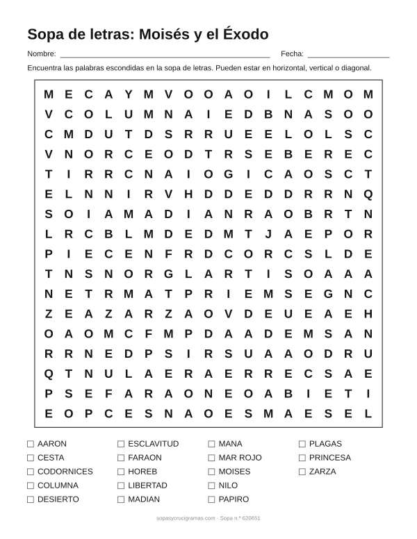 Hoja para imprimir de la sopa de letras de Moisés y el Éxodo: cuadrícula de 17 × 17 letras con 18 palabras escondidas, renglones para nombre y fecha y la lista de palabras para tachar.
